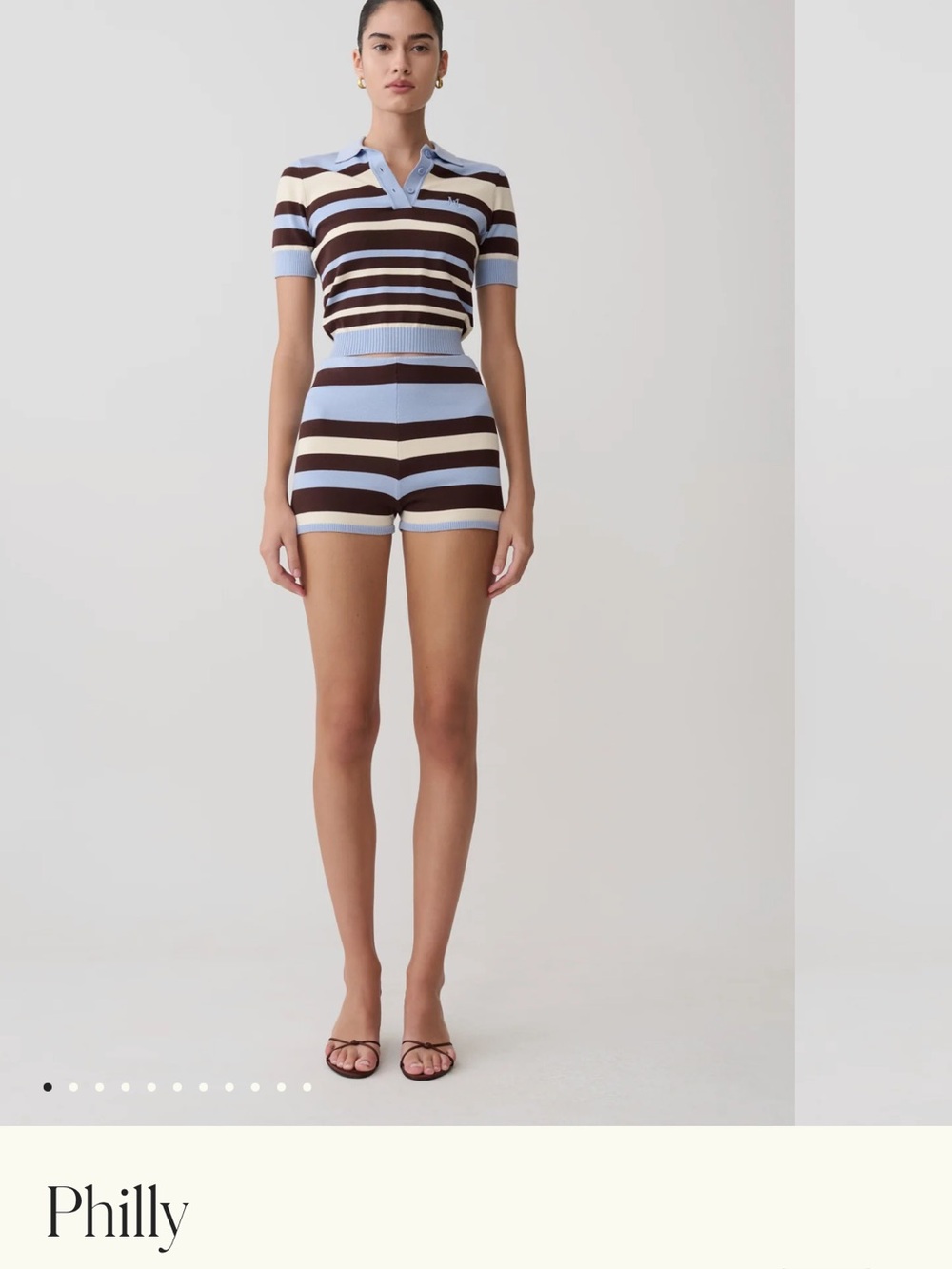 Meshki Striped Knit Polo & Shorts Set - Light Blue, Brown & Cream